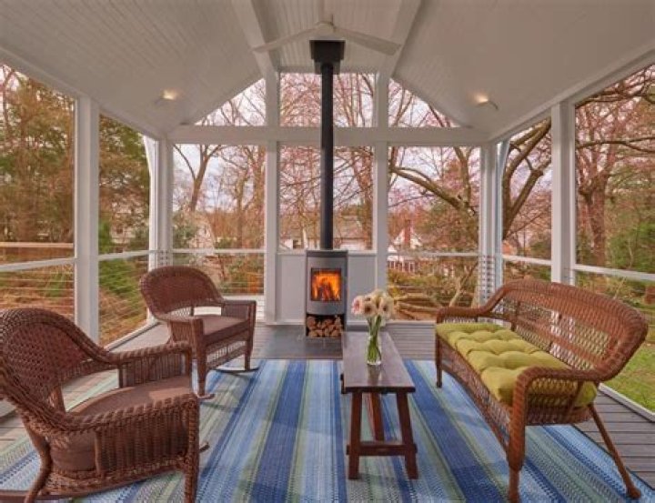 Screened in porch with fireplace