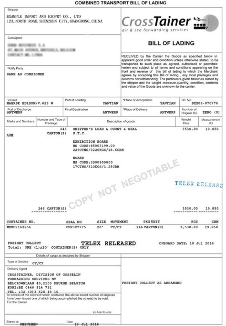 Through bill of lading (B/L)